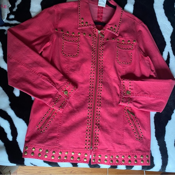 DG2 by Diane Gilman Jackets & Blazers - DG2 By Diane Gilman Women's Denim Gold Studded Orange Red Stretch Zip Jacket XL